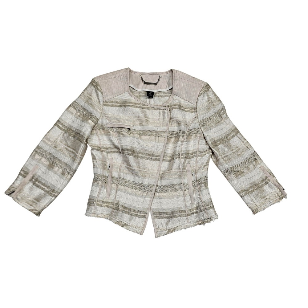 White House Black Market Jacket Womens 0 White Tweed Biker Moto Fringe Zip